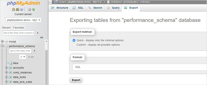 Backing up your database using PHPMyAdmin