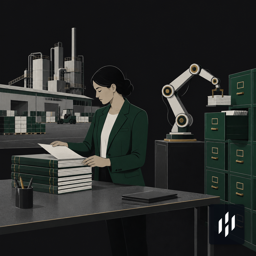 A finance operator at a plant-floor desk reviewing ledgers as a small robotic arm files paperwork behind her