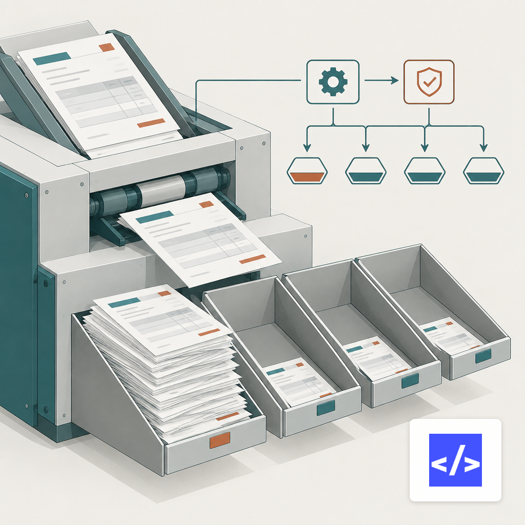 An invoice sorting machine with one tray overflowing, illustrating how exception rates dominate back-office automation payback.