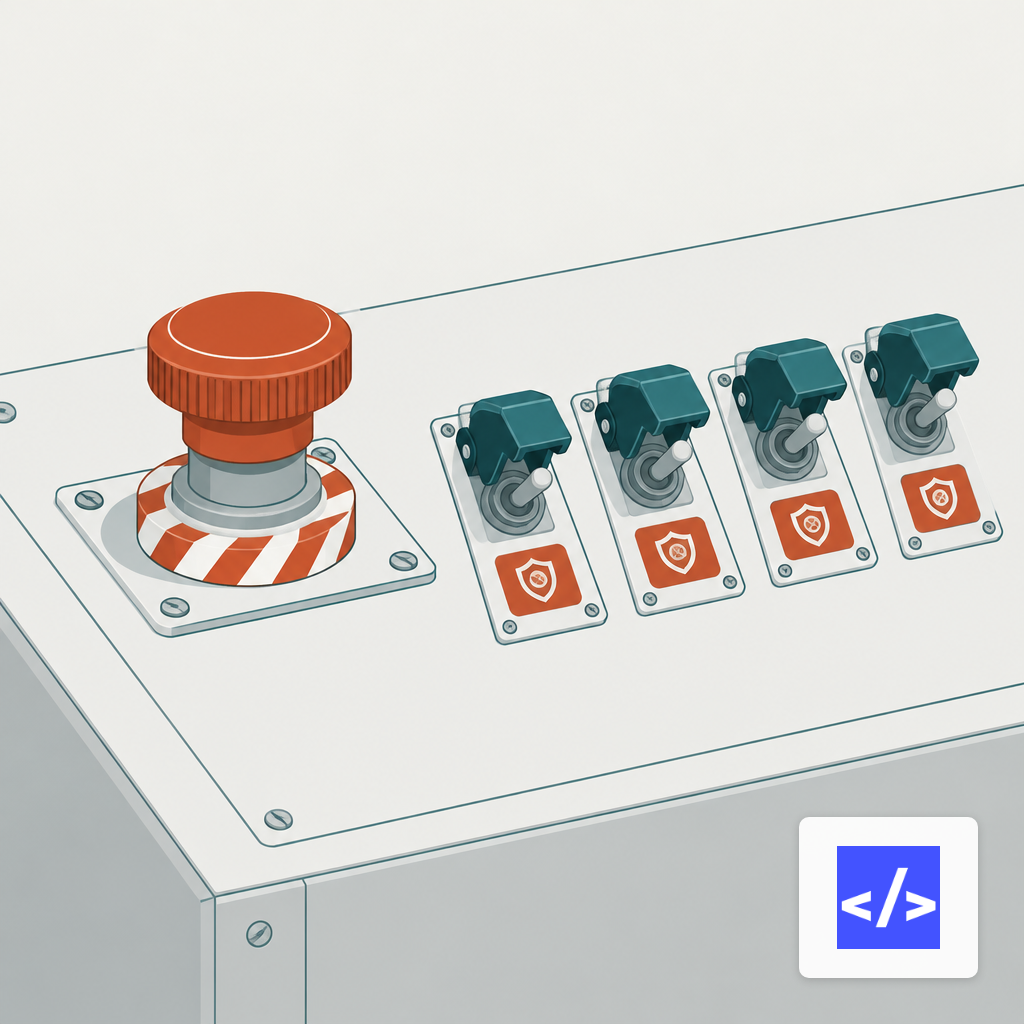 Industrial control panel with an emergency stop button and quarantine toggles, representing agent kill switches.