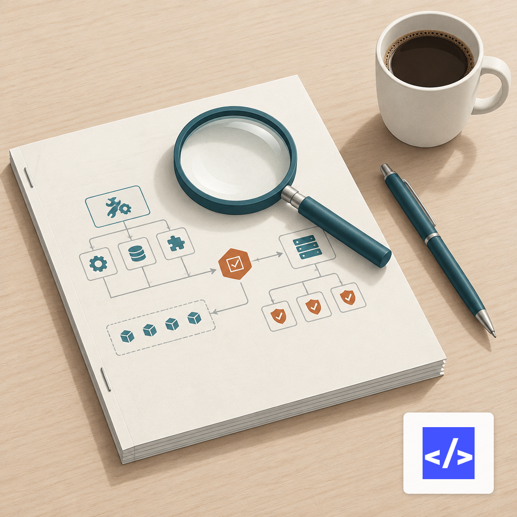 A magnifying glass resting on a stapled audit report on a wooden desk
