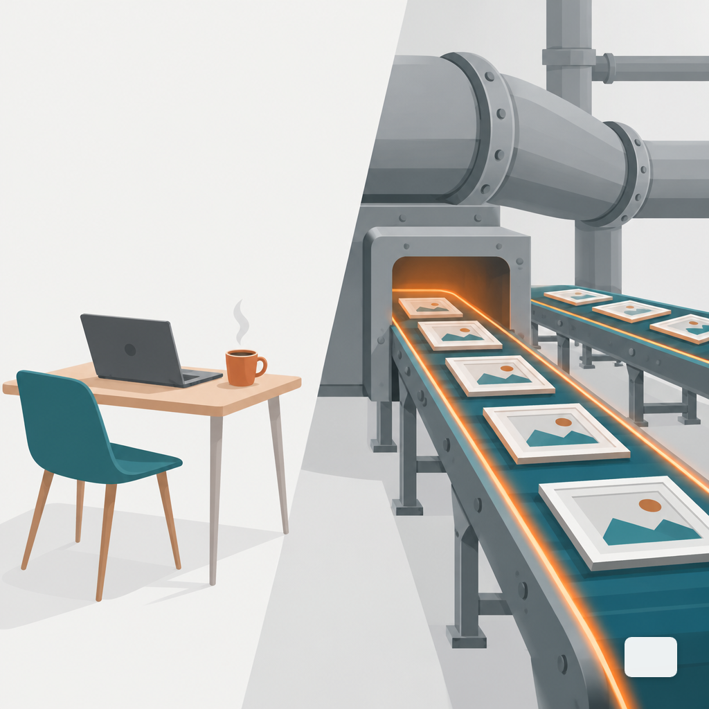 Illustration contrasting a solo creator's desk with an industrial pipeline moving framed images along a conveyor.