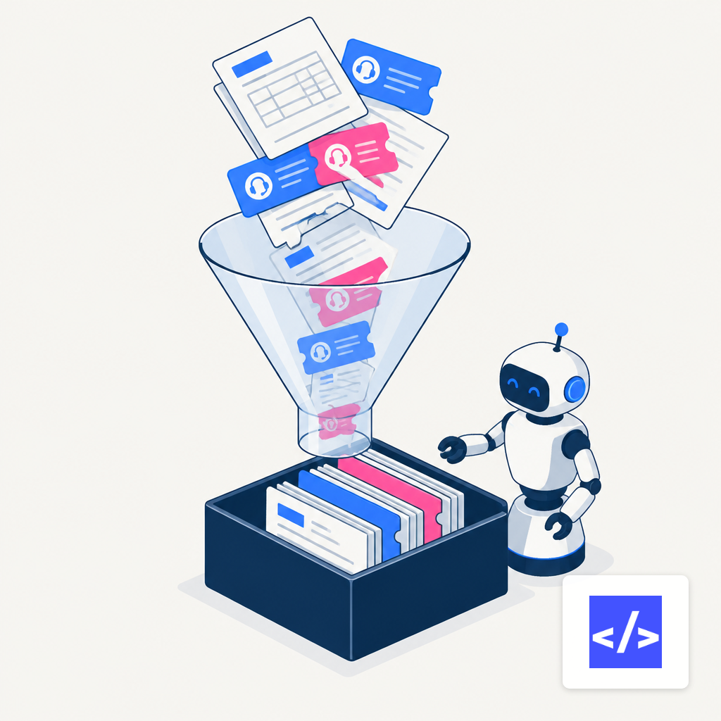 Paper tickets flowing through a glass funnel into a tray beside a small desk robot.