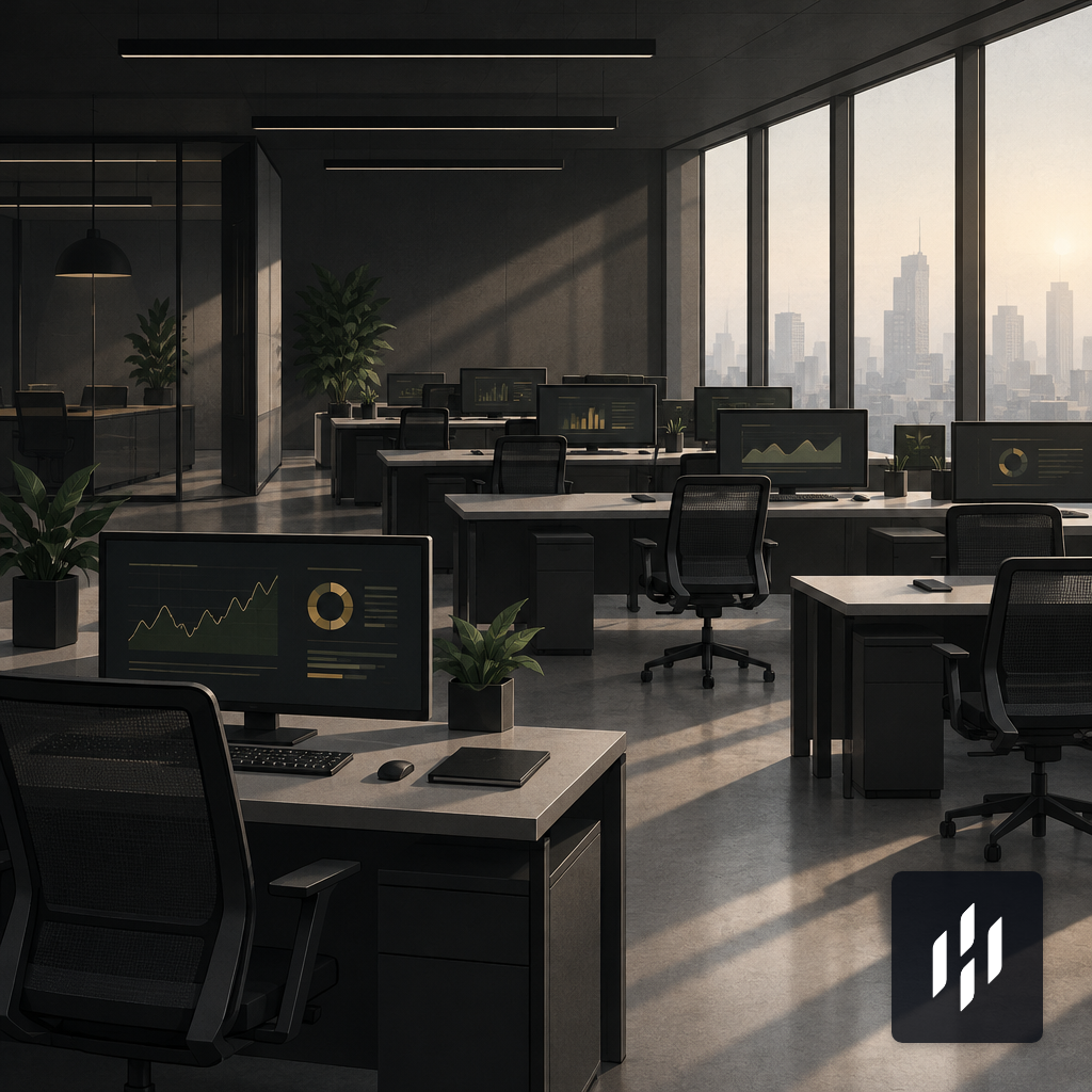 An empty agency office with monitors running on their own