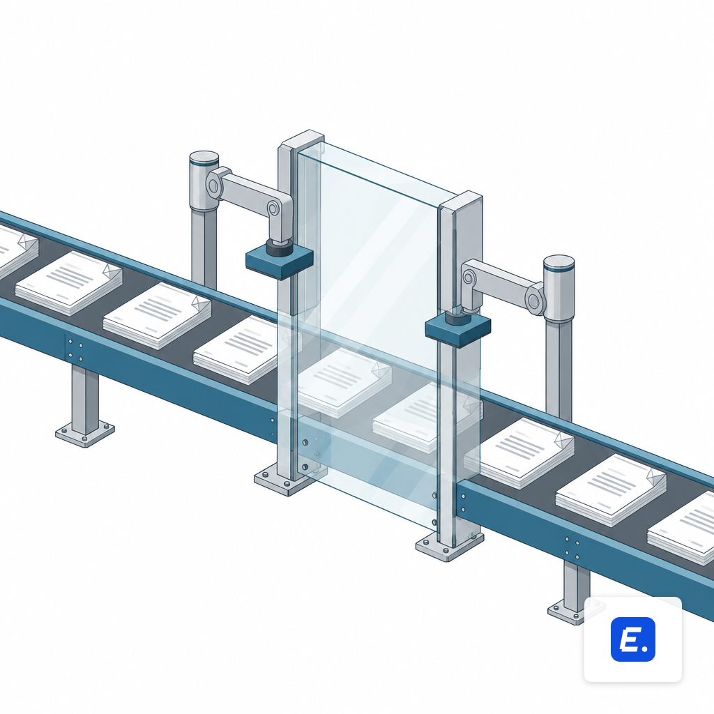 Invoices moving along a conveyor through a glass checkpoint with mechanical approval stamps.