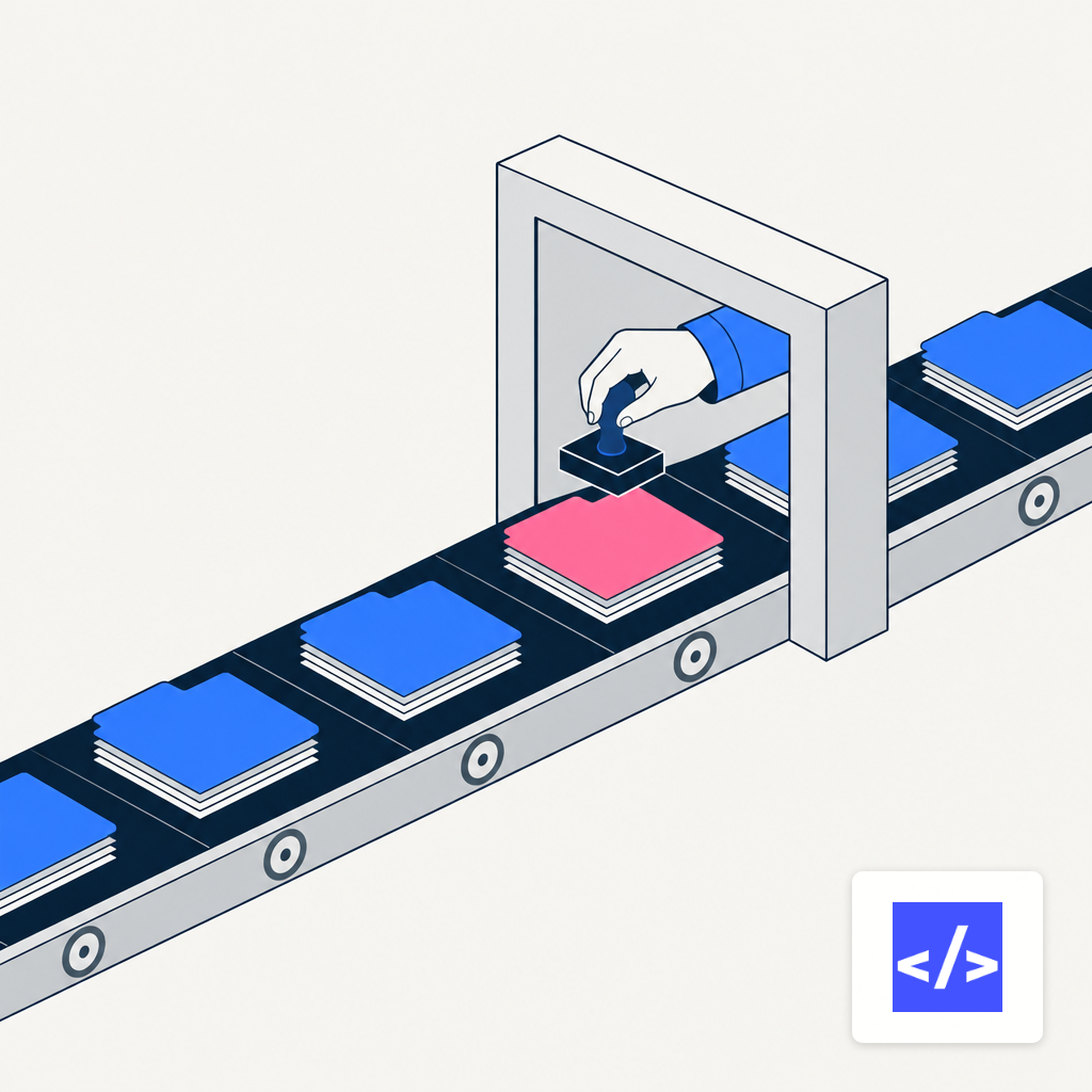 Folders on a conveyor belt with a reviewer stamping only one, illustrating selective human-in-the-loop approval.