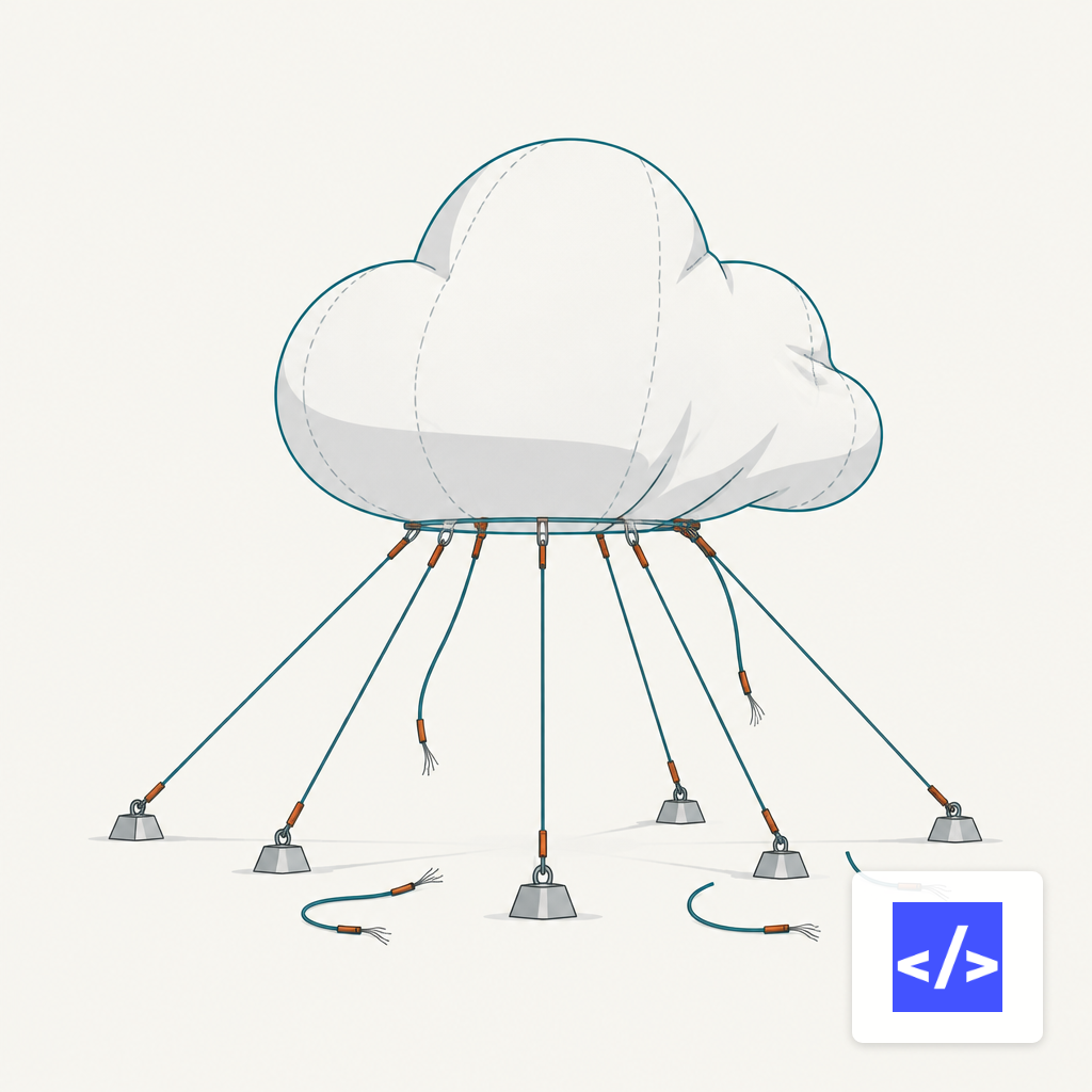 Partially deflated cloud-shaped balloon tethered by cables, some of which have been cut