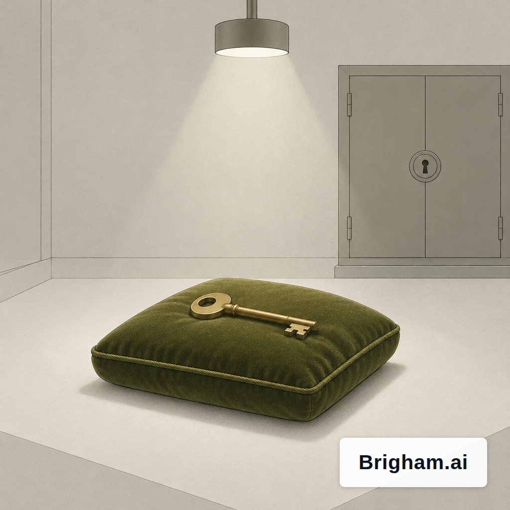 A brass key on a velvet cushion in front of a locked cabinet, representing an action held for human approval.