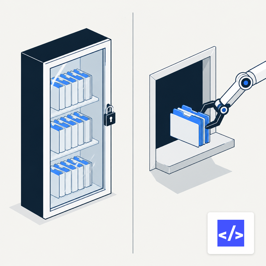 Locked folders behind glass on one side, a mechanical arm passing folders through a service window on the other.