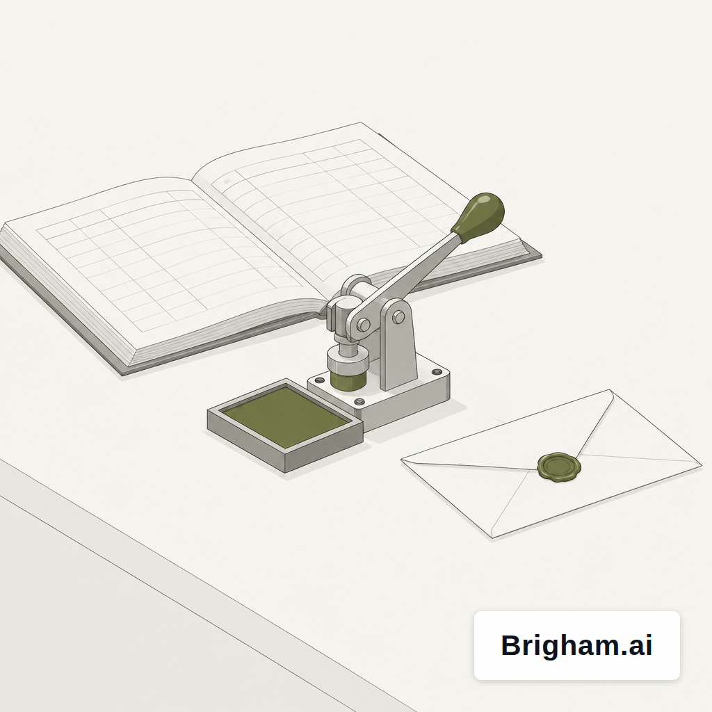 A workbench with a lever, stamp pad, open ledger and sealed envelope waiting for approval