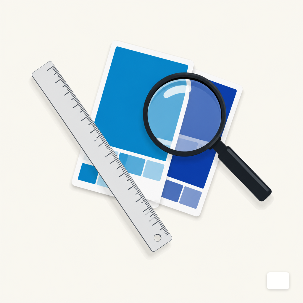 A ruler and magnifying glass over two overlapping color swatches on a desk