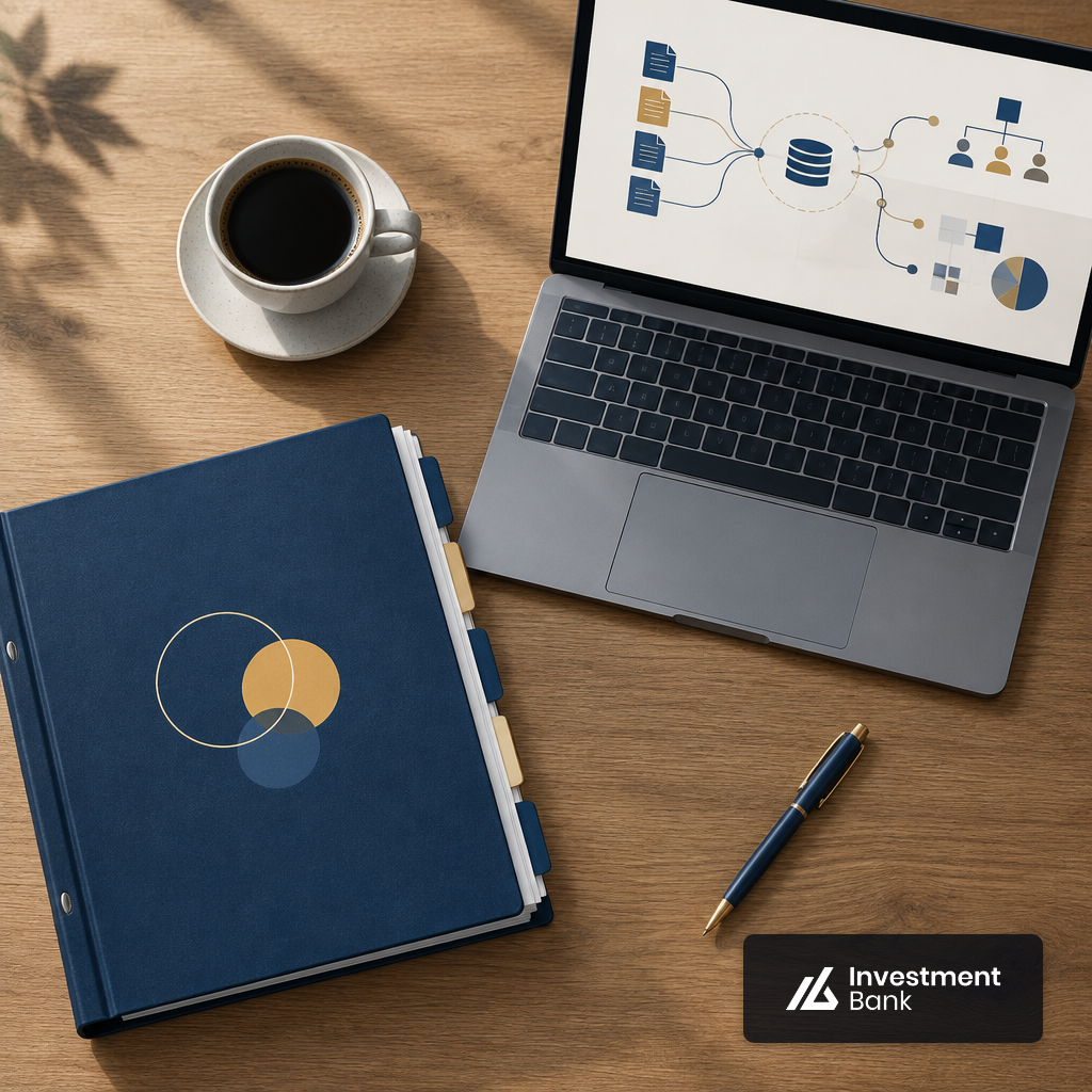 Overhead view of a deal binder, laptop with workflow diagram, coffee, and pen on a wooden desk