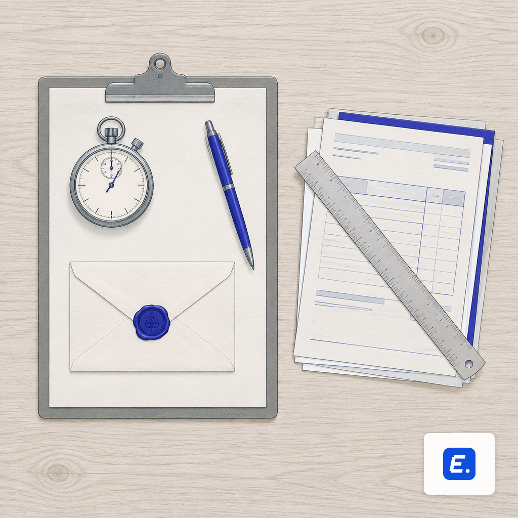 A clipboard with stopwatch, sealed envelope and invoices measured by a ruler, representing baseline metrics captured before a pilot begins