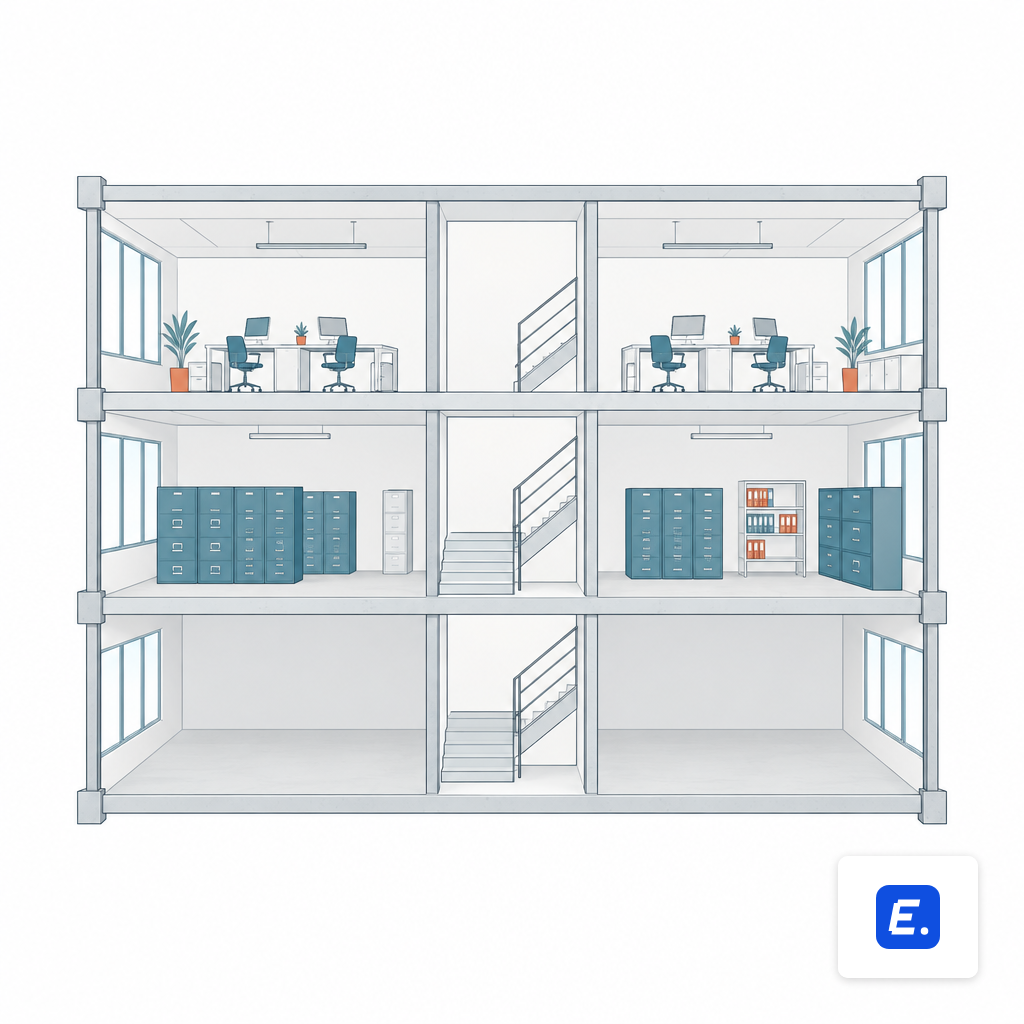 Cross-section illustration of three stacked office floors connected by a central staircase
