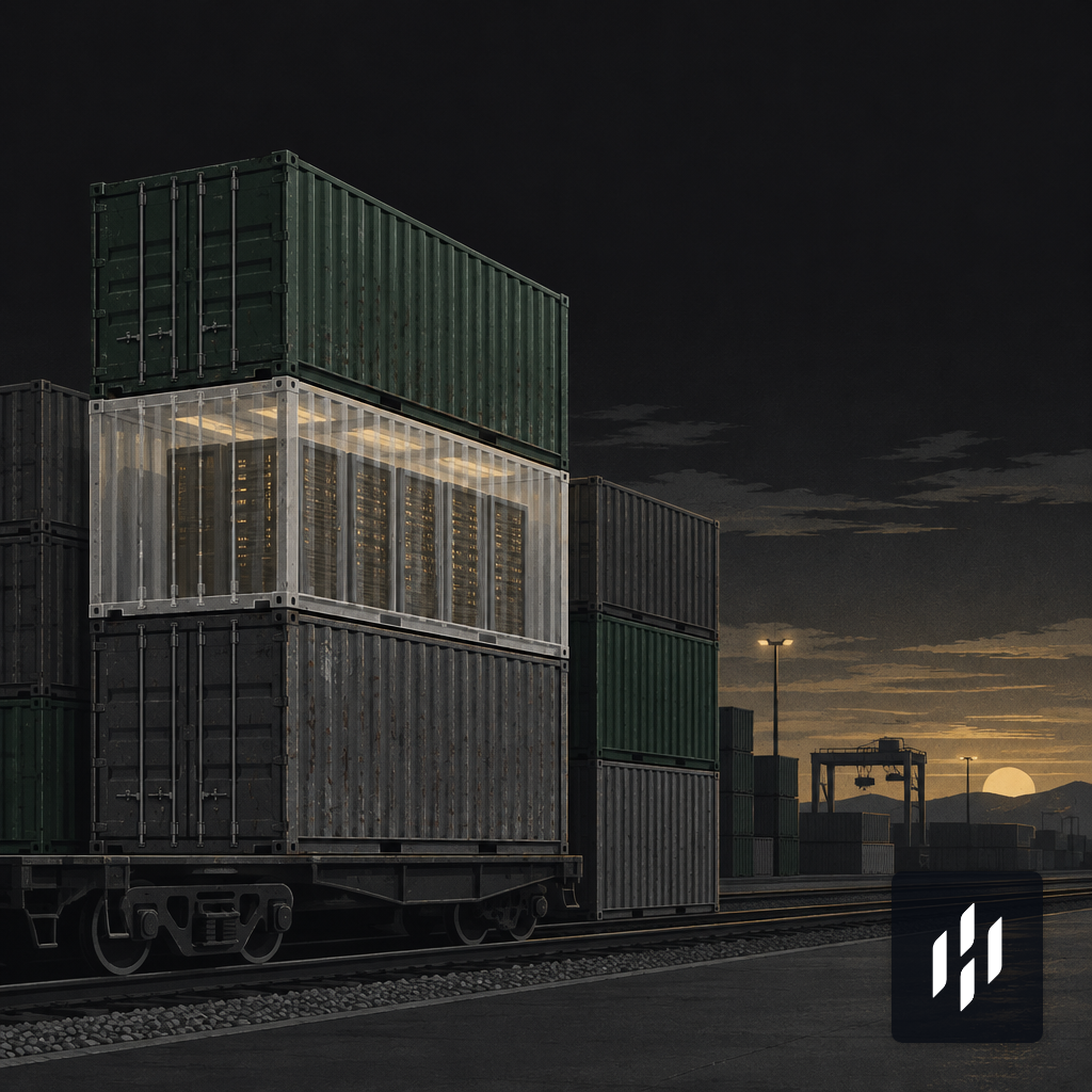 Freight containers in a railyard at dusk, one revealing server racks inside, suggesting compute as commodity cargo.