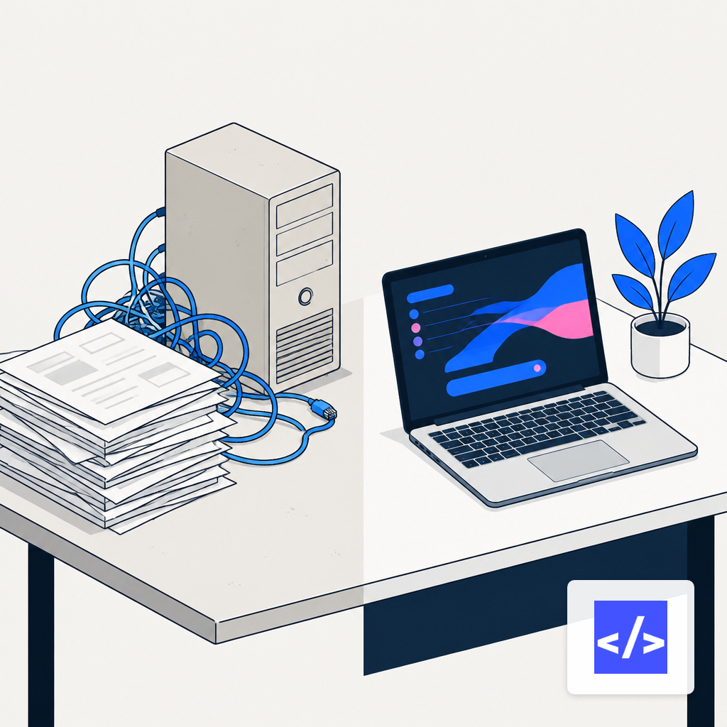 Split desk showing an old agency setup on one side and a modern AI tooling setup on the other.
