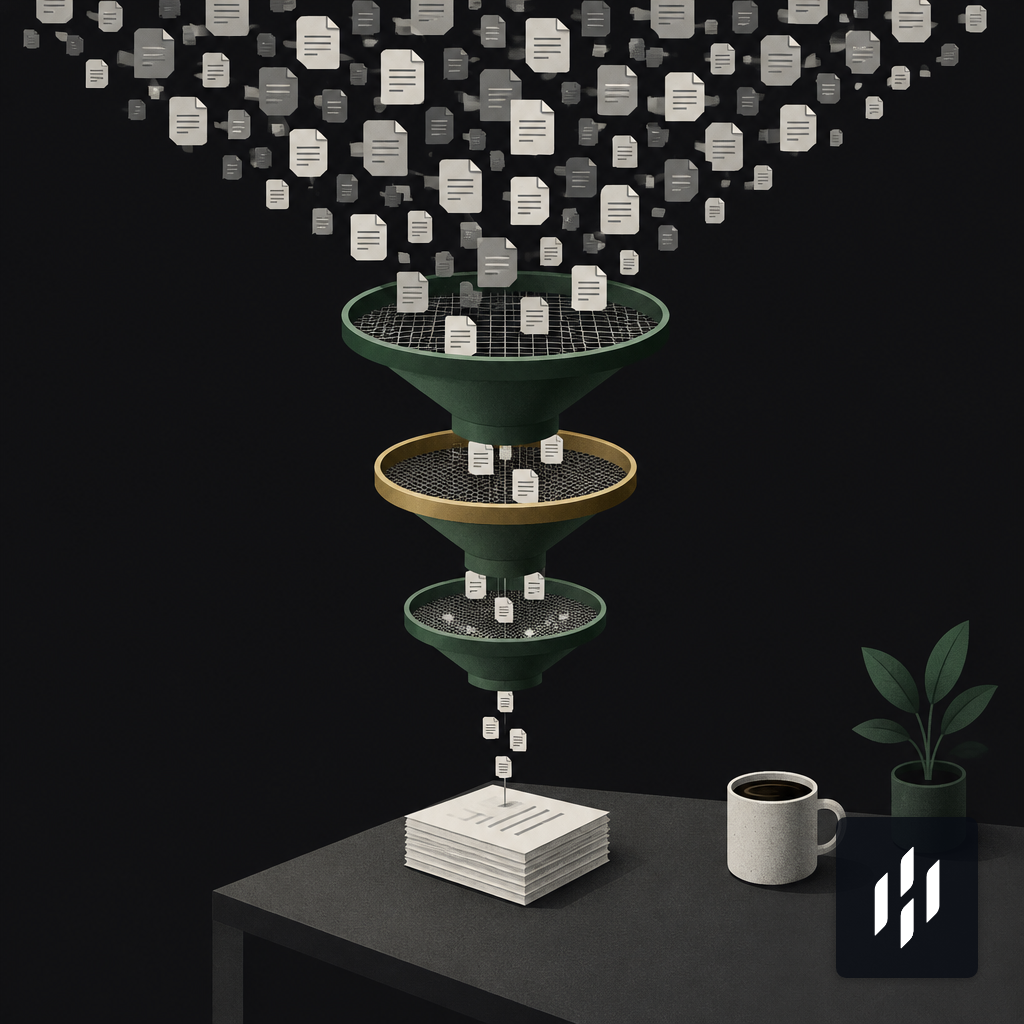 Thousands of document icons funnel through filters into a small shortlist on a desk
