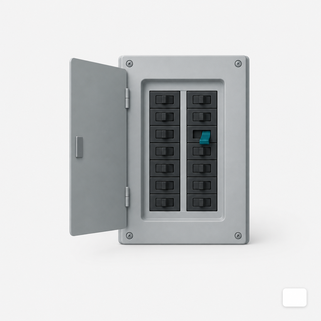 A circuit breaker panel with one switch flipped off, representing pilot guardrails and rollback