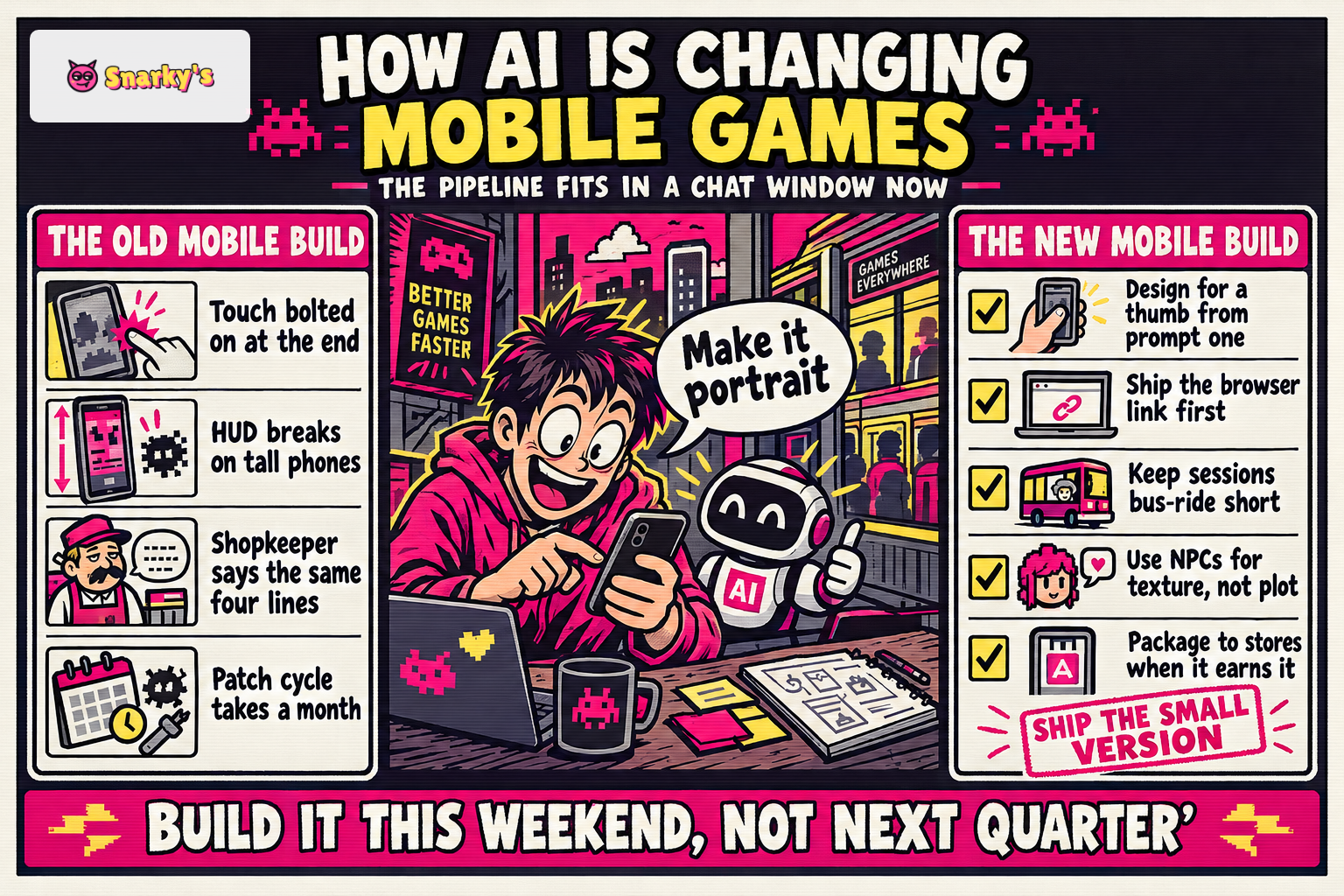 Illustrated infographic poster about making mobile games with AI, showing a creator on a park bench with game characters leaping out of their phone.
