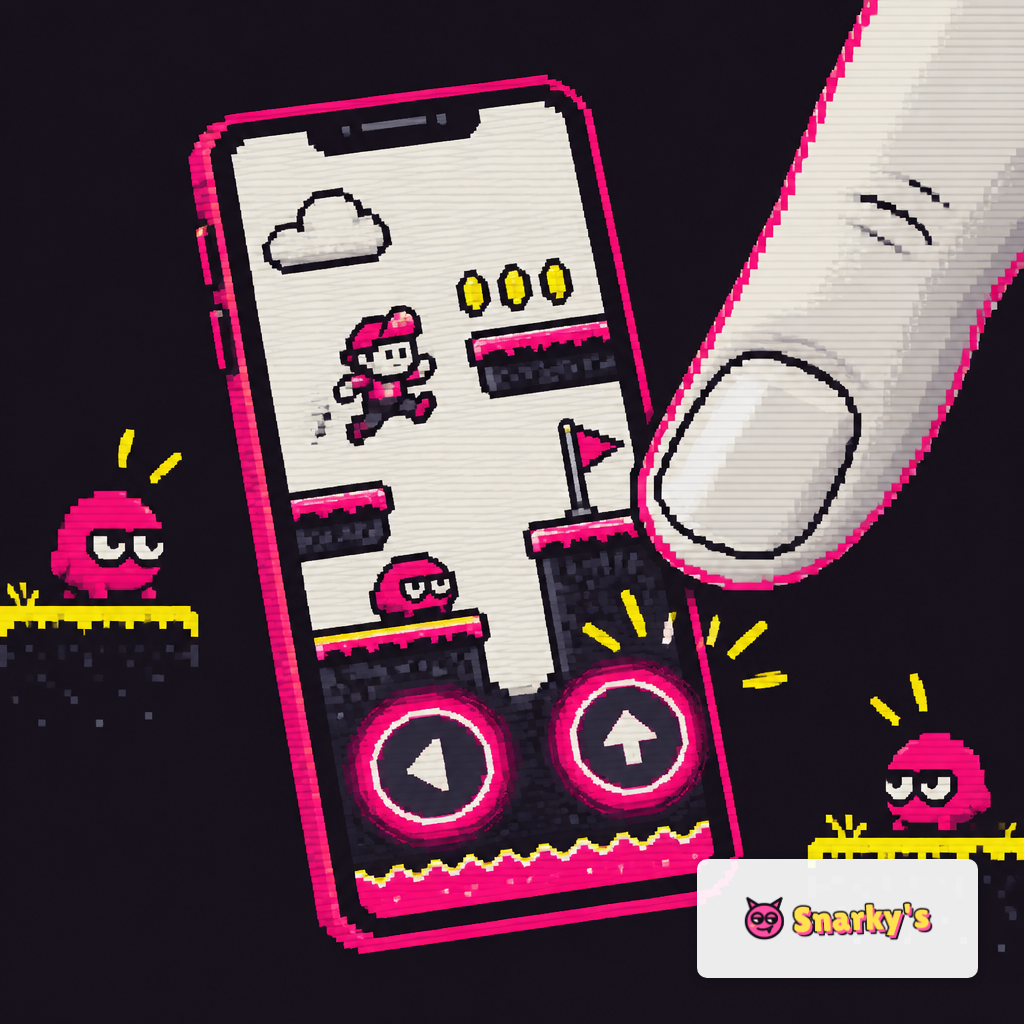 Illustration of a thumb pressing a portrait-oriented phone screen with glowing touch controls.