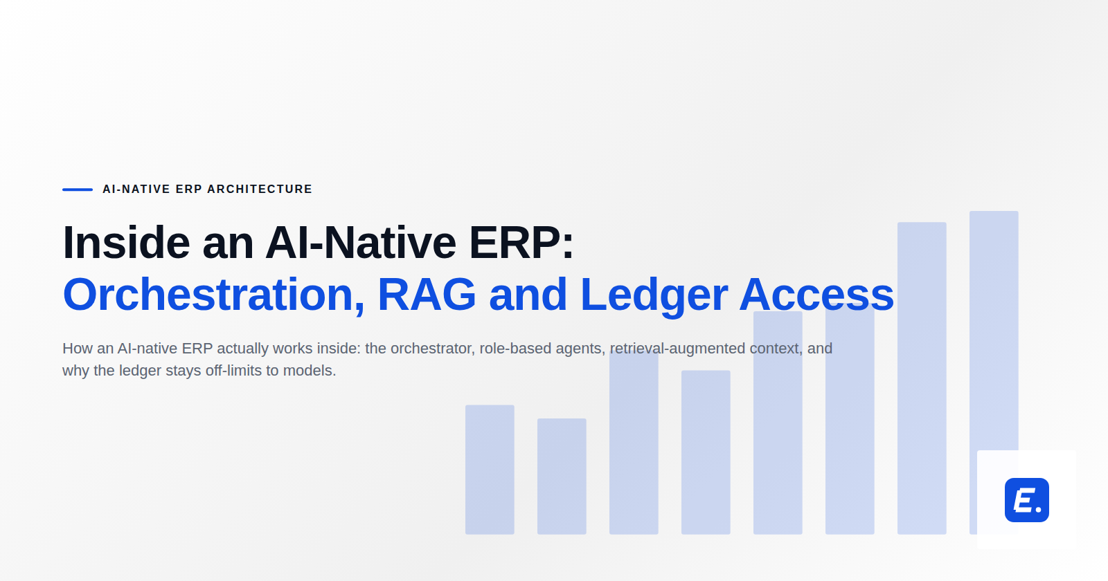 Layered cutaway illustration of an AI-native ERP architecture showing orchestrator, agent, retrieval, function and ledger layers