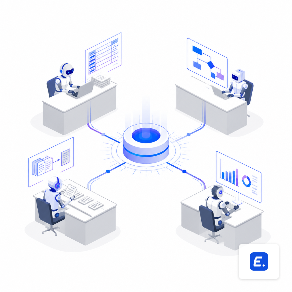 Four role-based finance agents at separate workstations connected to a central orchestrator hub
