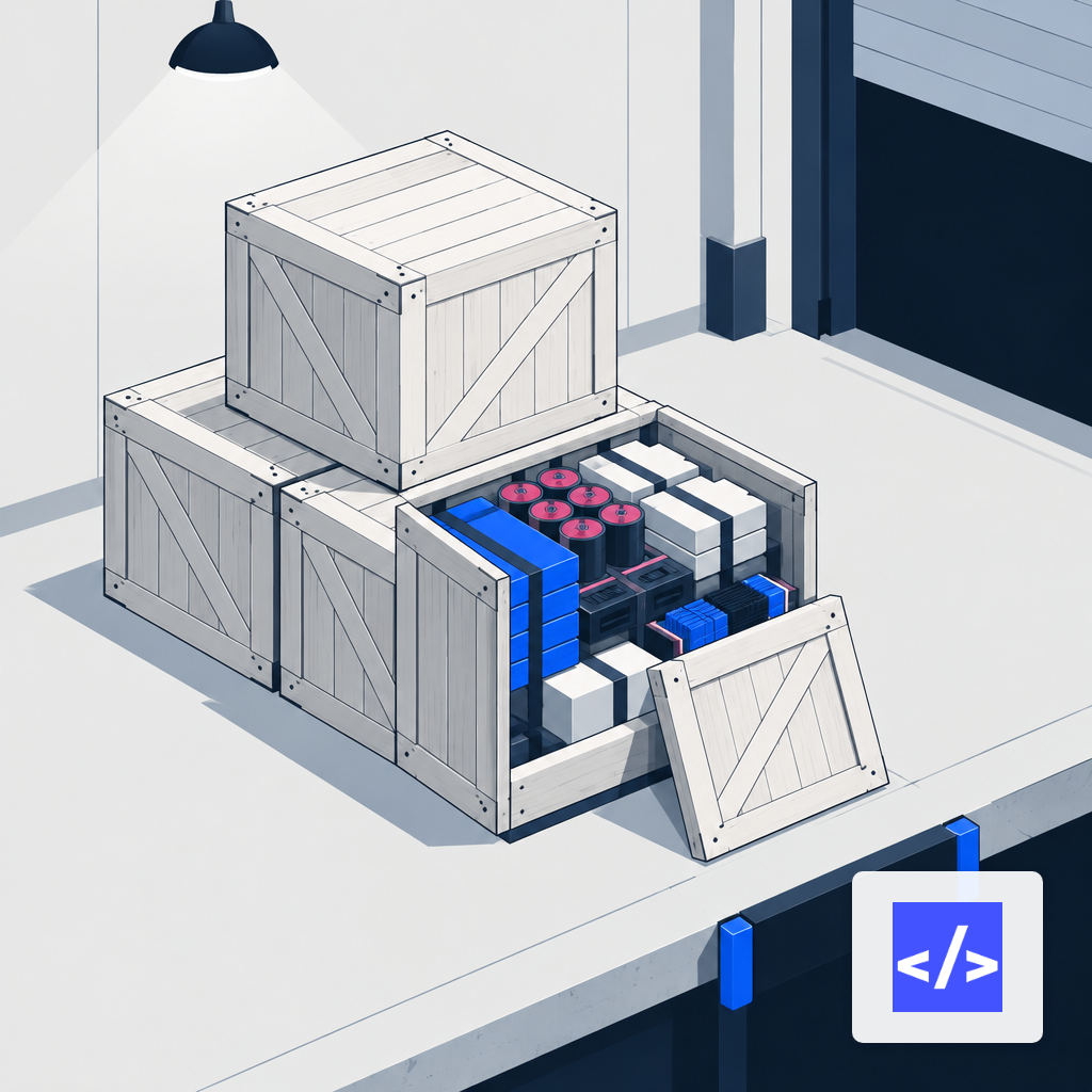 An opened shipping crate on a loading dock revealing densely packed contents inside