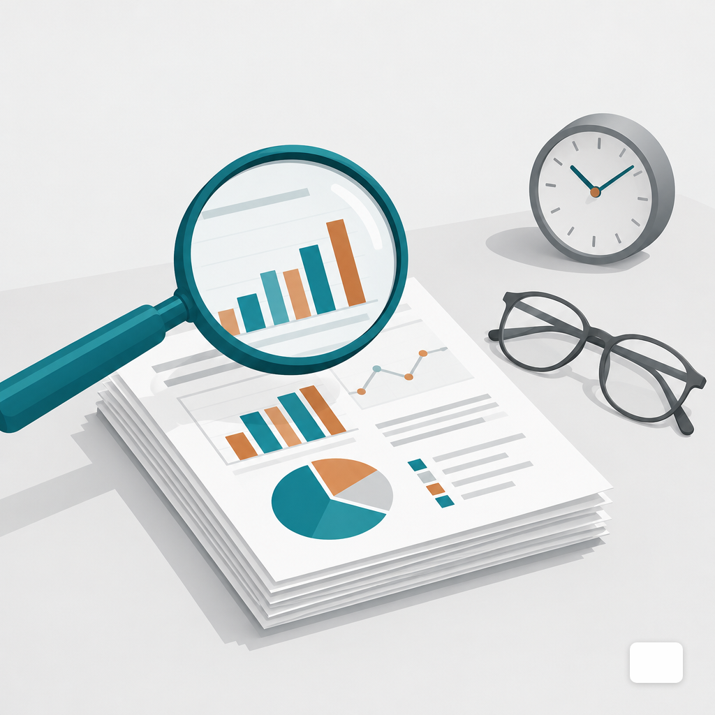 A magnifying glass over printed campaign reports on a desk