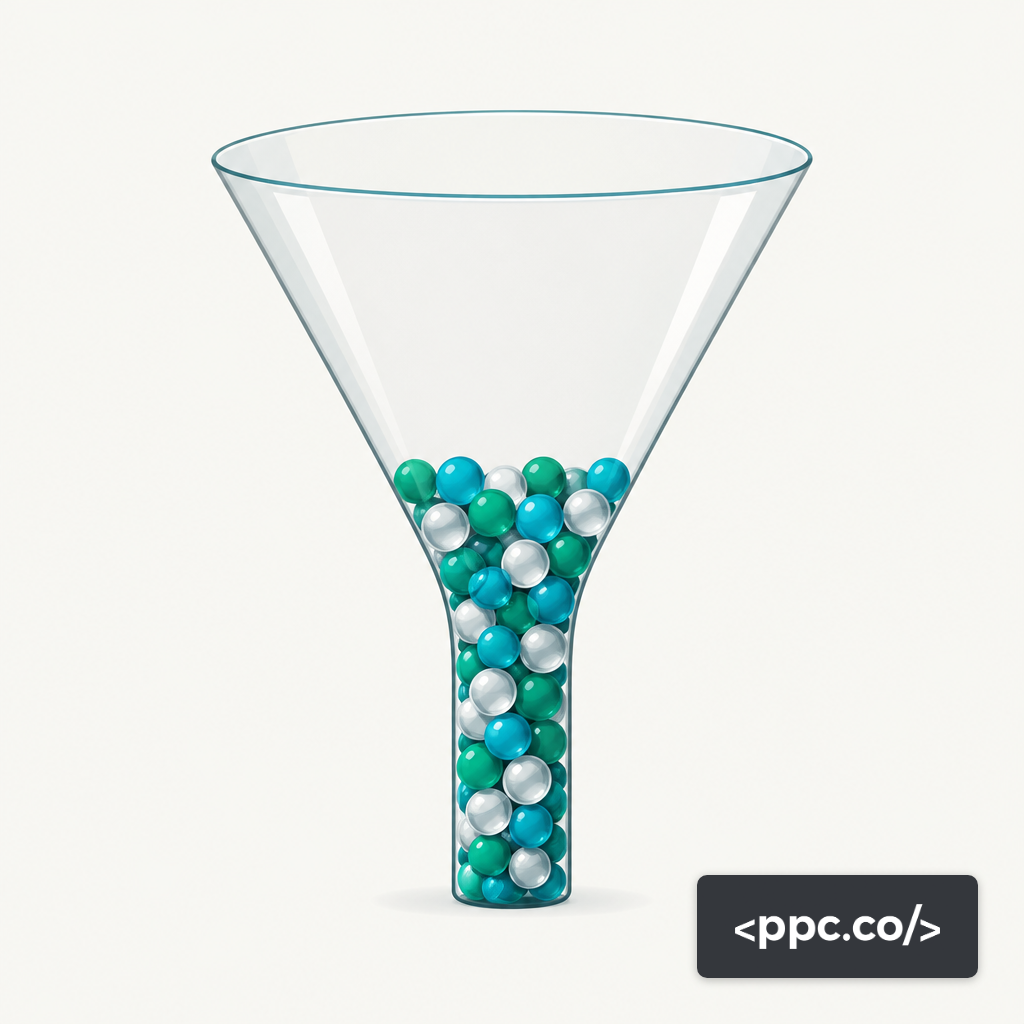 A glass funnel nearly empty at the top and overcrowded with marbles at the bottom, representing compressed bottom-funnel paid search competition.