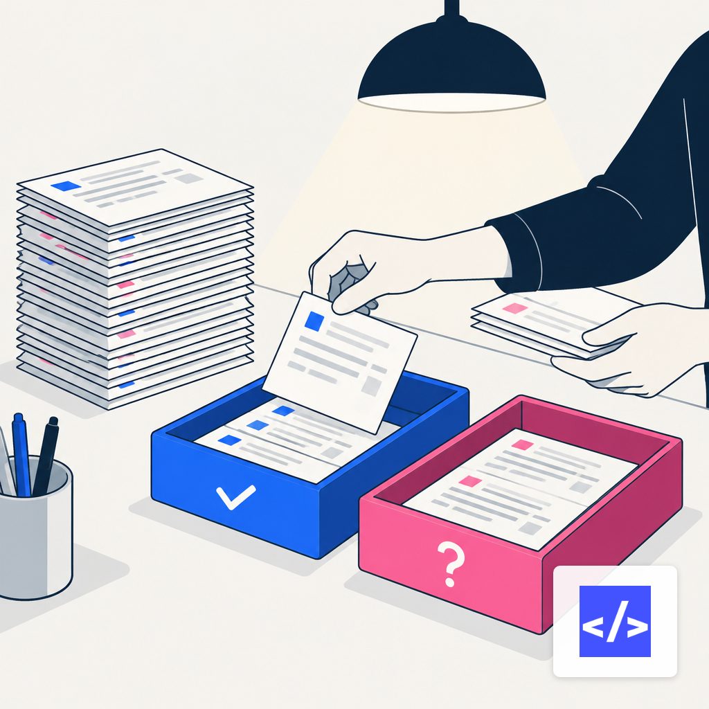 Hands sorting a stack of printed pull requests into two trays under a desk lamp.