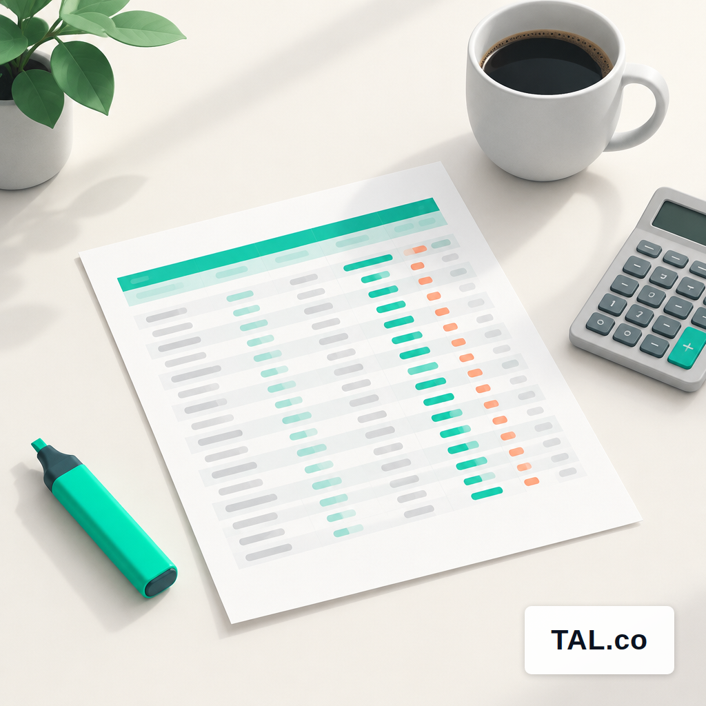 A printed spreadsheet, calculator, highlighter, and coffee cup on a desk