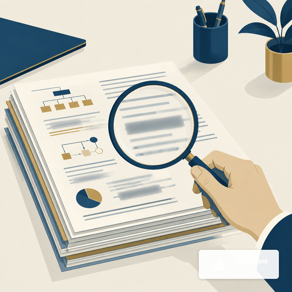 Magnifying glass hovering over documents with sensitive portions blurred, representing redaction review in due diligence