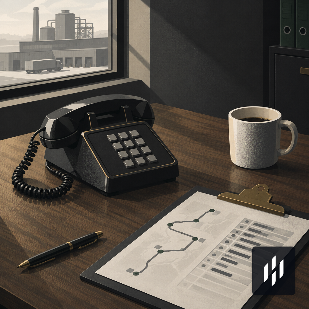 Analog desk phone on a factory manager's desk next to a route schedule clipboard