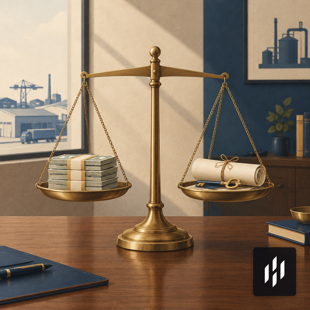 A split scene showing a stack of cash on one side of a balance scale and a building deed with a small key on the other