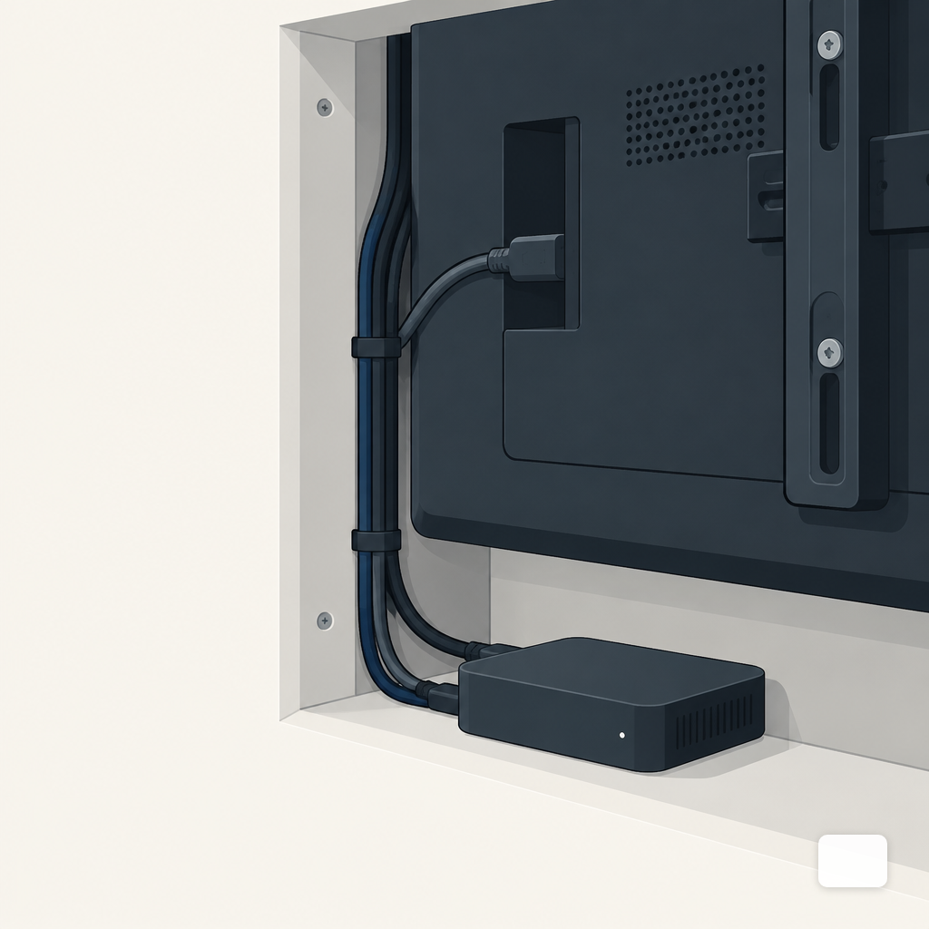 The back of a wall-mounted screen inside a recessed enclosure, showing cabling and a small media player.