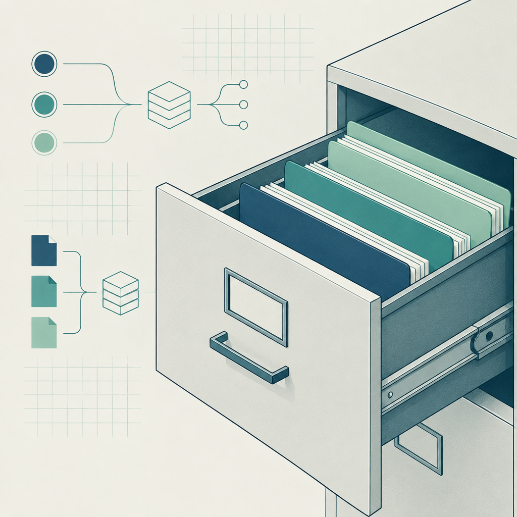 A filing cabinet drawer with color-coded folder tabs separating vendor records into tiers