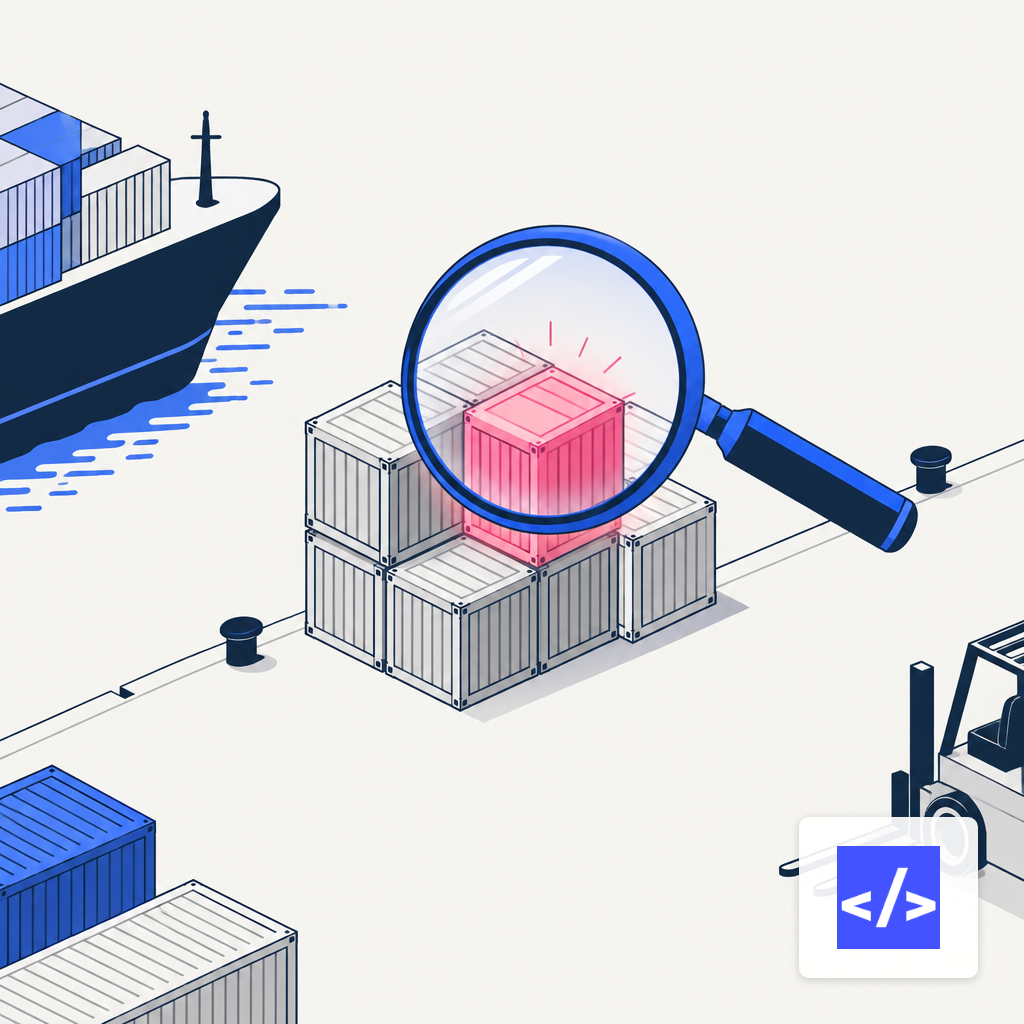 A magnifying glass identifying one counterfeit crate among many on a shipping dock