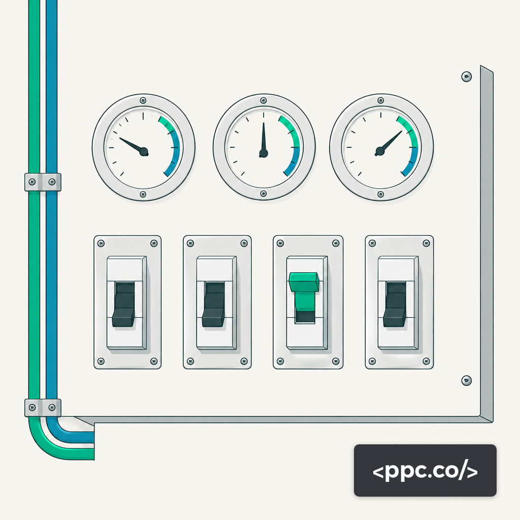 Industrial circuit breakers and pressure gauges representing bid caps and budget fences