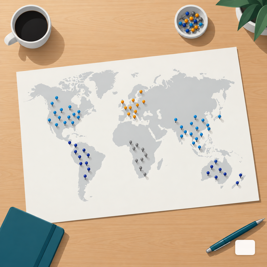 World map with color-coded pins grouping store locations into regional clusters