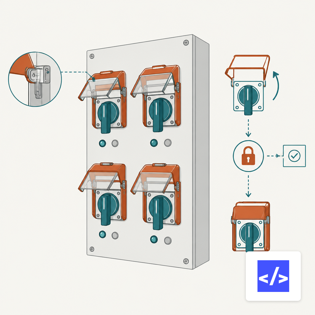 Industrial control panel with guarded safety interlock switches.