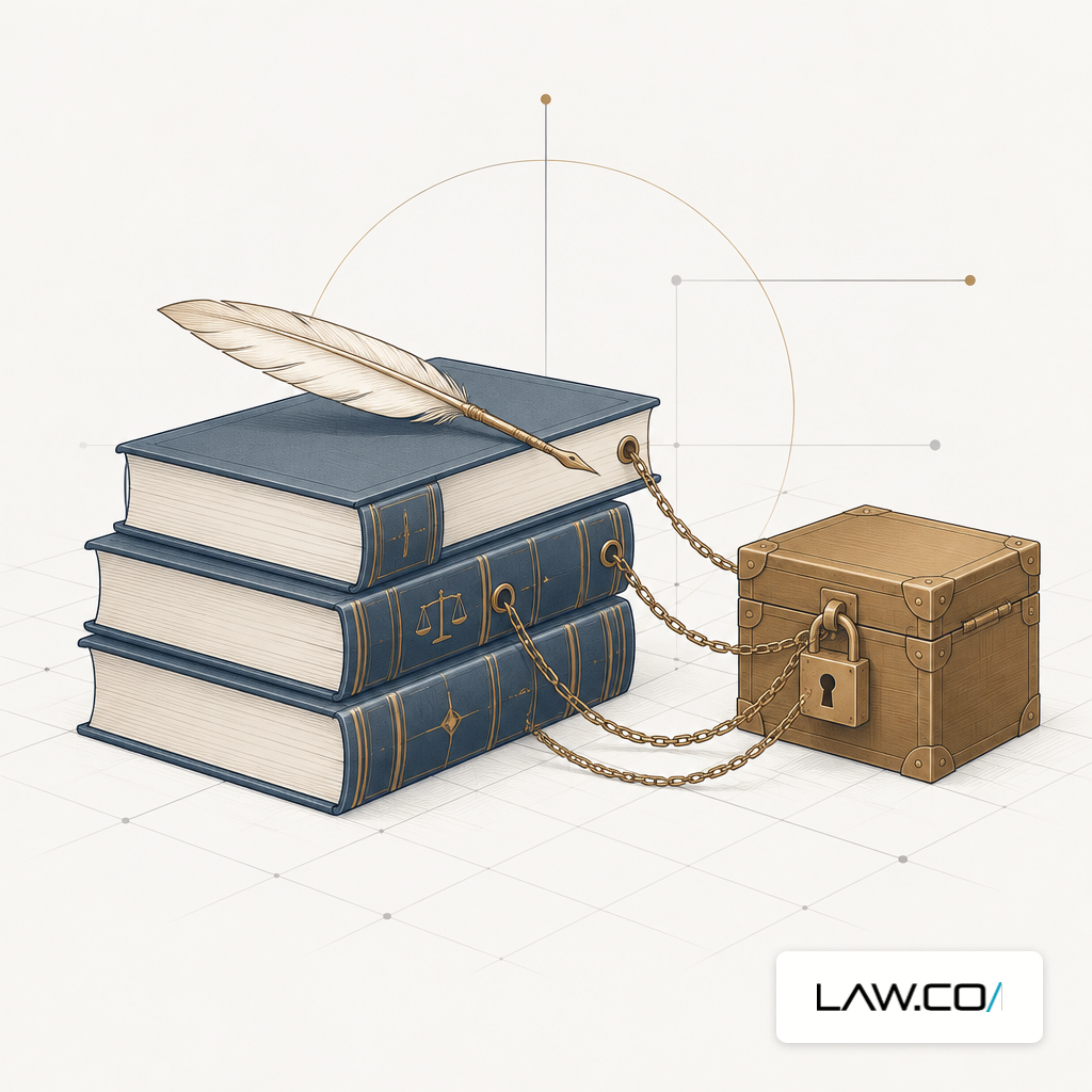 Law books on a desk linked by brass chains to a small locked strongbox with a quill pen on top.