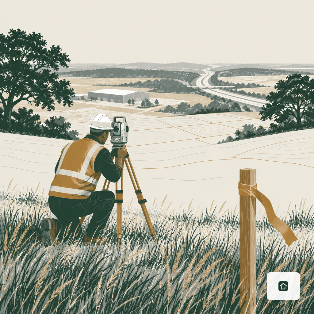 Surveyor working with a total station on an undeveloped parcel of Arkansas land