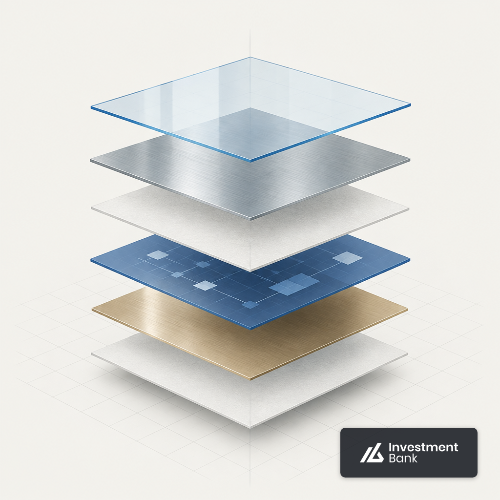 Six translucent layered panels stacked vertically, illustrating the composition of a layered software architecture.