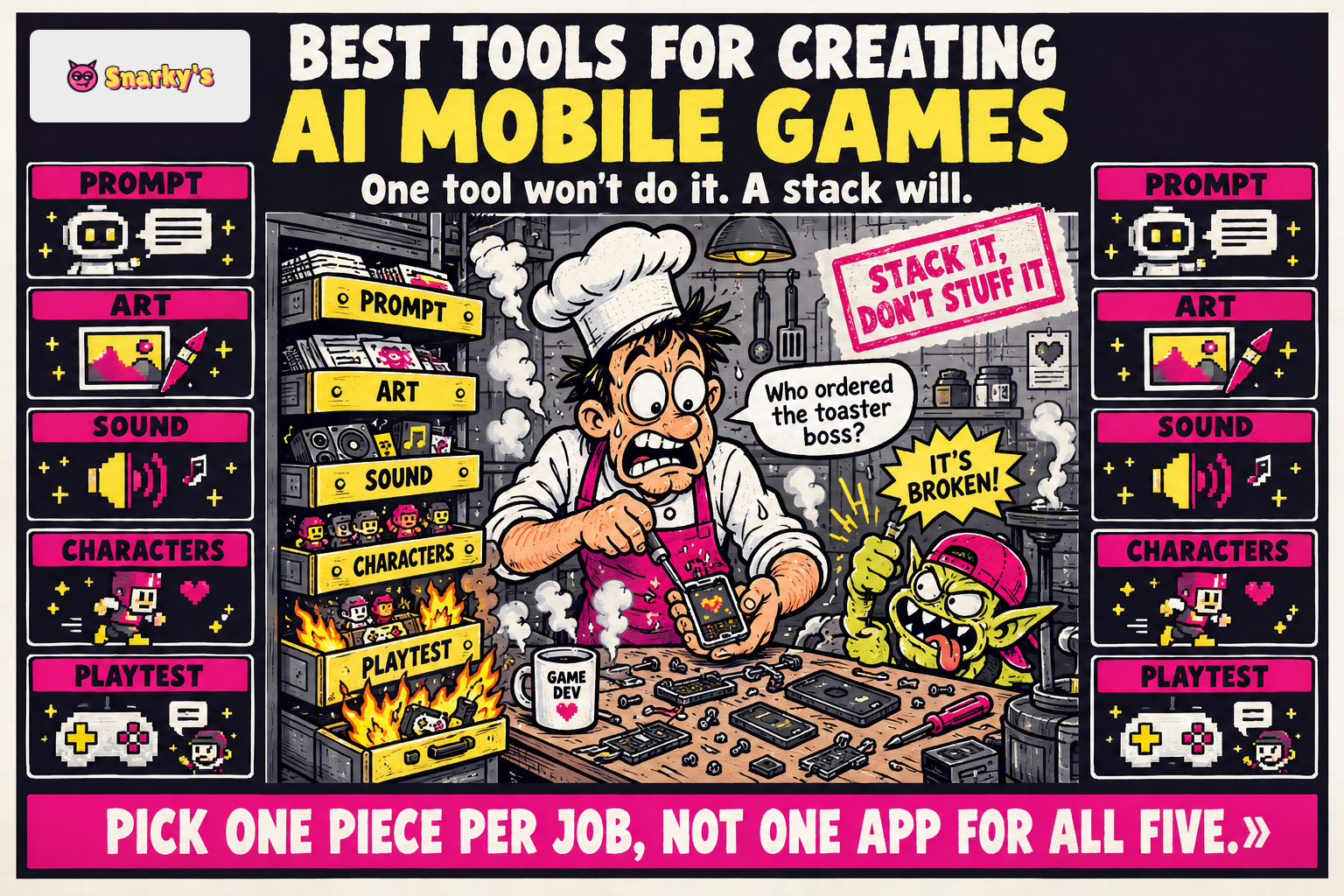 Comic poster of a chef assembling a mobile game from parts pulled out of labeled drawers in a workshop kitchen.