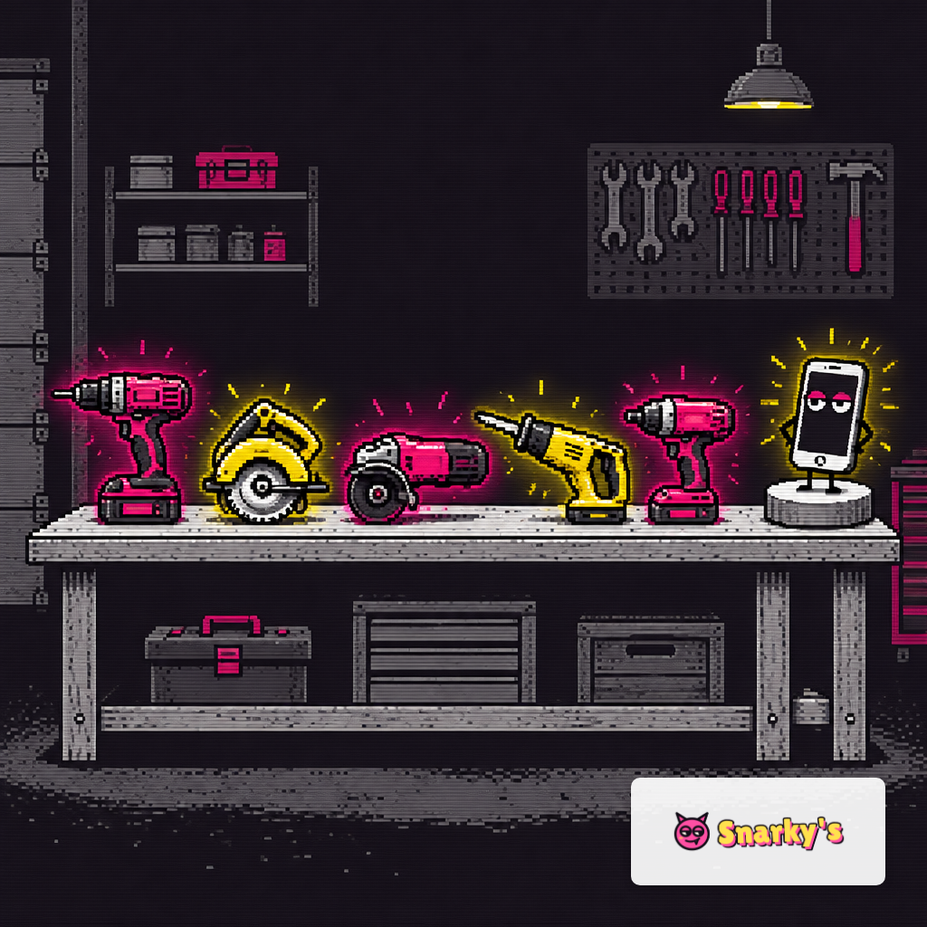 Five differently shaped glowing power tools lined up on a workbench, with a small cartoon phone at the end.