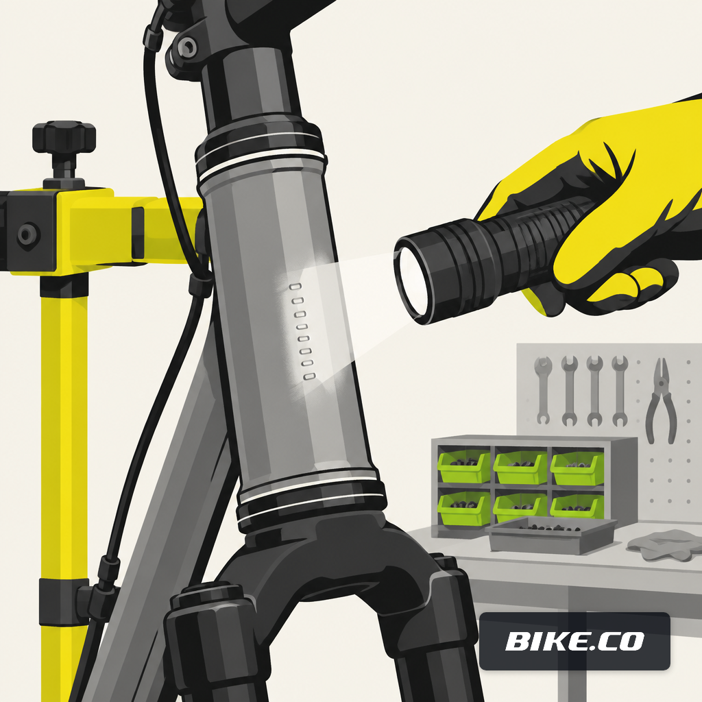 A gloved mechanic's hand lighting the serial number stamped on a bike head tube.