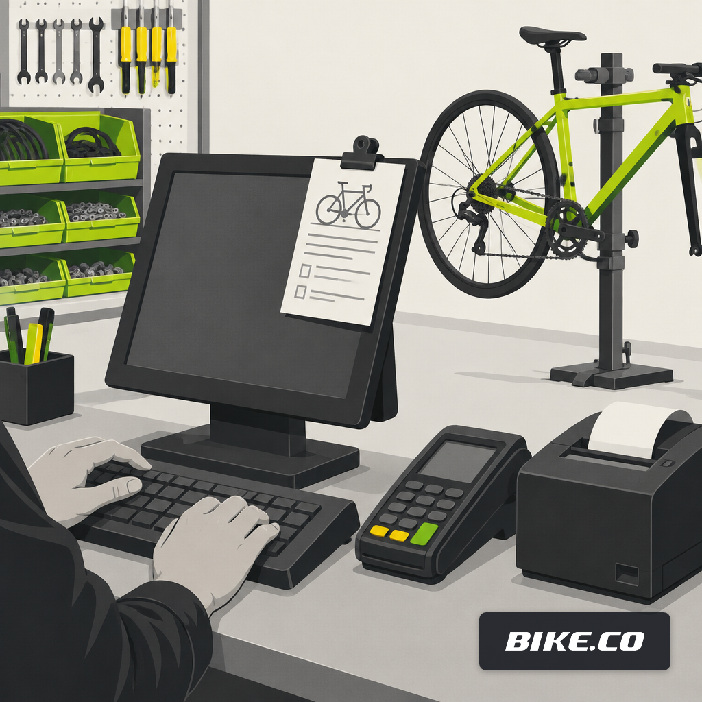 Hands at a bike shop POS terminal next to a card reader with a workshop ticket clipped to the monitor