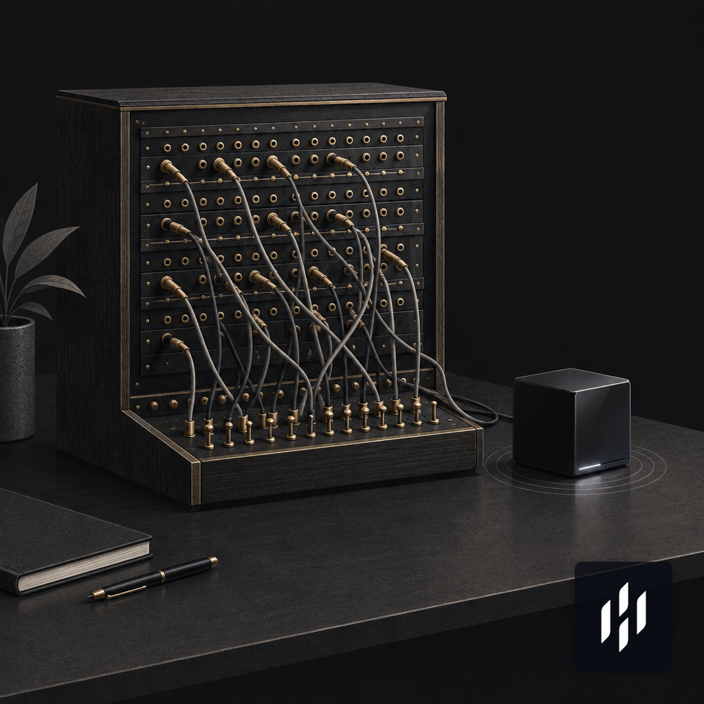 A vintage switchboard beside a small, modern black cube on a wooden desk.