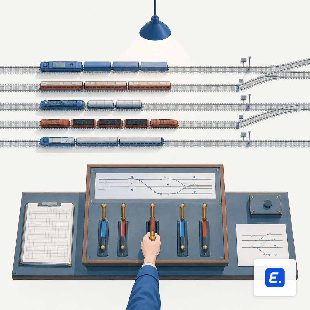 A railway signal box with a routing lever directing waiting trains to parallel tracks.