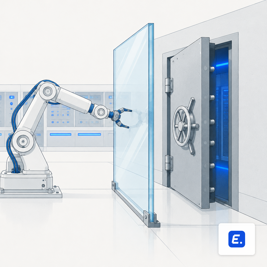 A robotic arm separated by thick glass from an open vault door, with control panel lights nearby